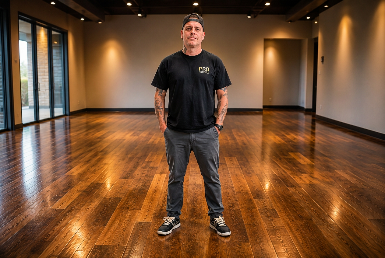 Michael Wheeler, founder of Pro Finish Flooring Solutions, on a finished hardwood floor